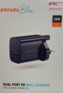 20W Porodo Blue Dual Port Wall Charger