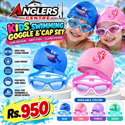 Kids’ swimming goggles and cap sets in blue, pink, purple and green – Rs 950 per set at Anglers Centre