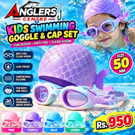 Kids’ mermaid swimming goggles and cap set with scale pattern, in pink, purple, blue and green – Rs 950