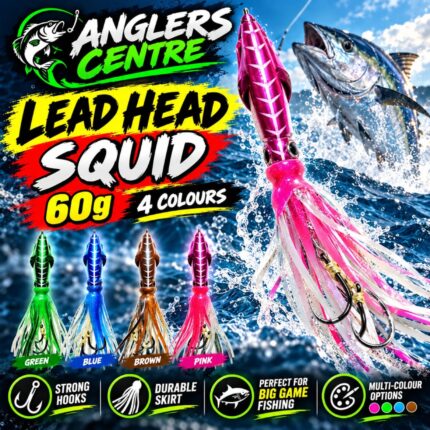 Anglers Centre 60g lead head squid fishing lure in green, blue, brown and pink
