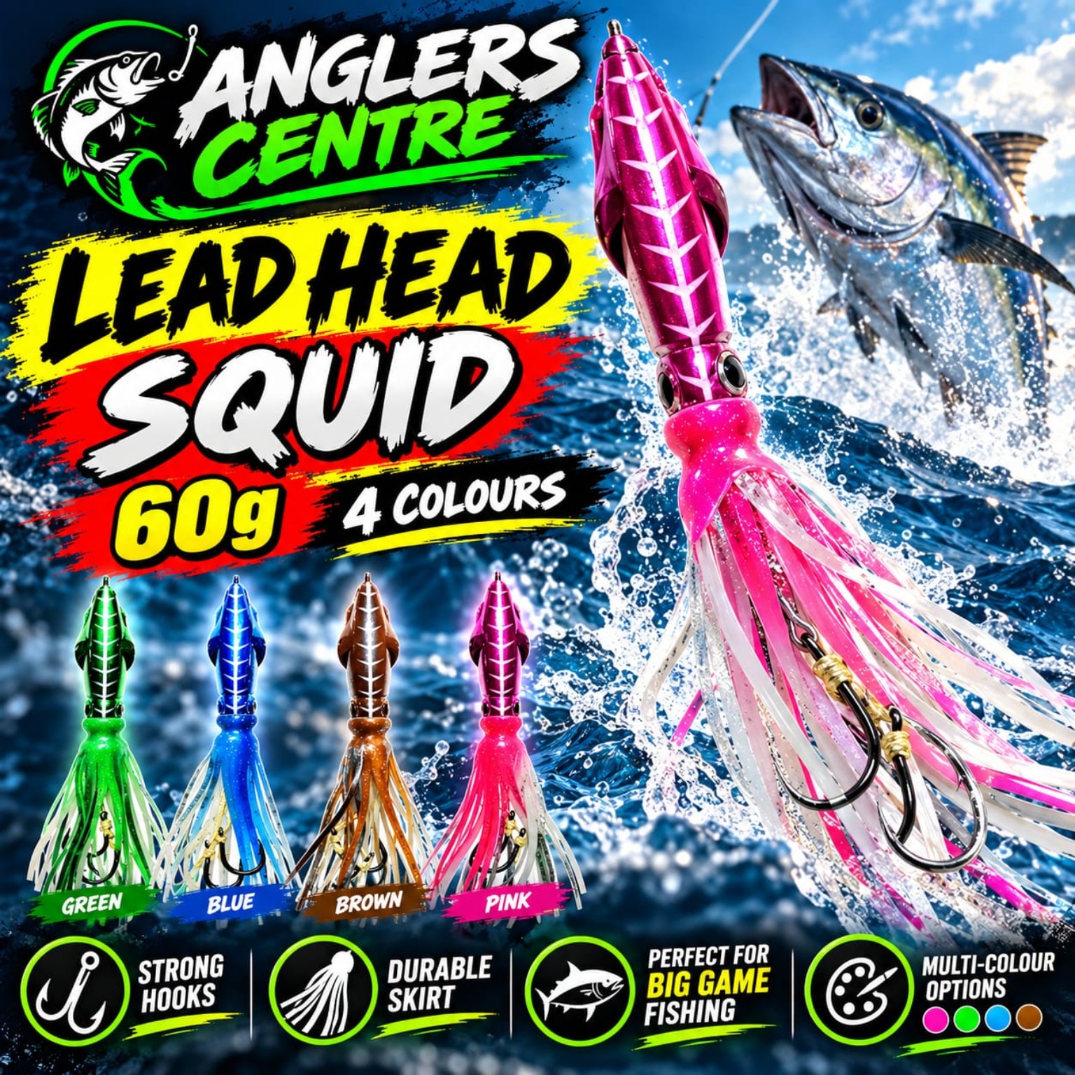 Lead Head Squid Fishing Lure 60g Anglers Centre 60g lead head squid fishing lure in green, blue, brown and pink
