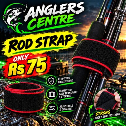 Black adjustable fishing rod strap with red edging and hook-and-loop closure – Rs 75 at Anglers Centre