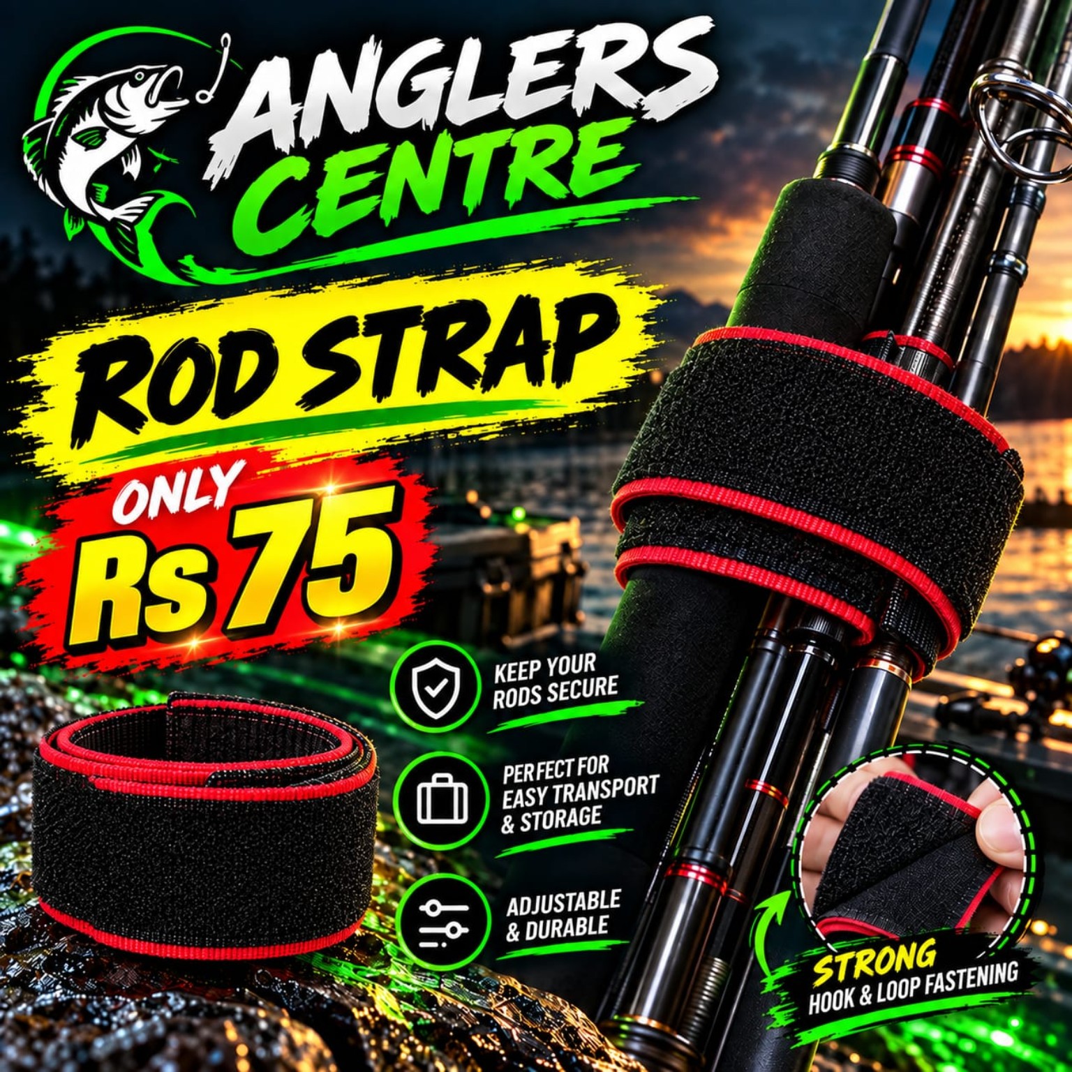 Adjustable Fishing Rod Strap – Rs 75 Black adjustable fishing rod strap with red edging and hook-and-loop closure – Rs 75 at Anglers Centre