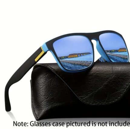 Polarized fishing sunglasses with blue mirrored lenses and black-and-blue frame; case not included
