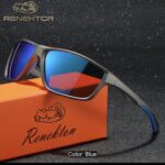 RENEKTON fishing sunglasses with grey rectangular frame, blue mirrored lenses and blue temple tips