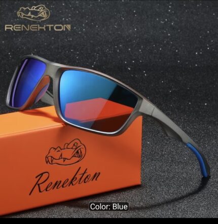 RENEKTON fishing sunglasses with grey rectangular frame, blue mirrored lenses and blue temple tips