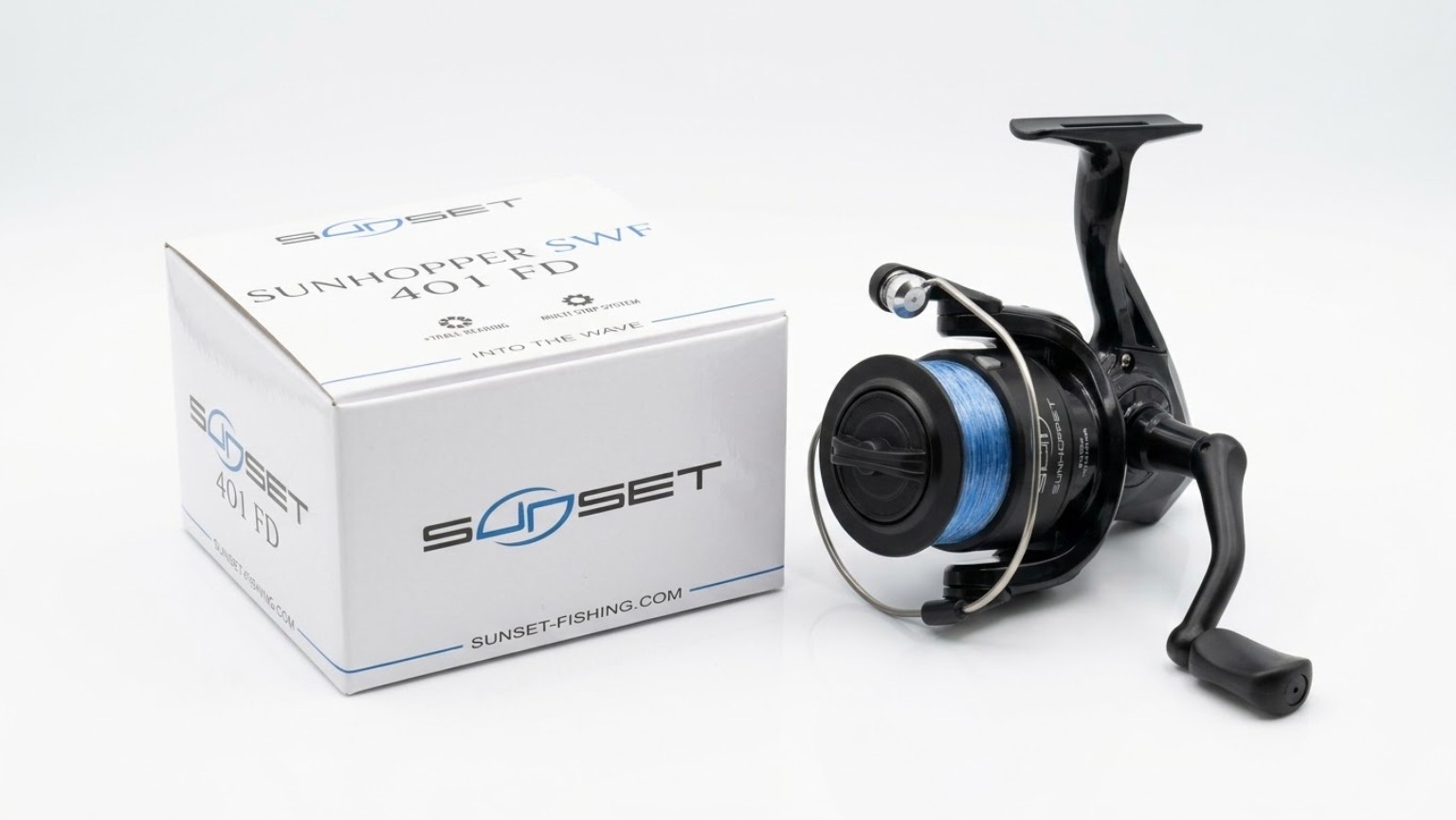 SUNSET Sunhopper SWF 401 FD Reel with Line SUNSET Sunhopper SWF 401 FD black fishing reel with blue line on the spool and product box