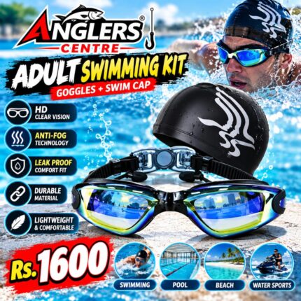Adult swimming kit with mirrored goggles and black swim cap, Rs 1600