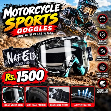 Motorcycle sports goggles with clear lens, foam padding and adjustable black and white strap, Rs 1500