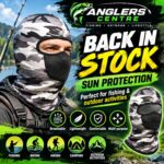 Grey camouflage full-face fishing mask with mesh mouth panel and eye opening