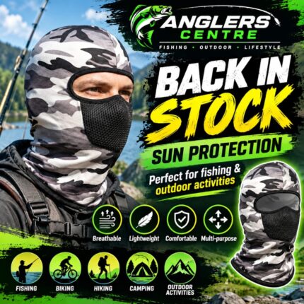 Grey camouflage full-face fishing mask with mesh mouth panel and eye opening
