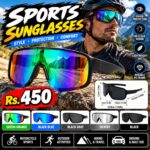 Wide shield sports sunglasses with black frame and rainbow mirrored lens, Rs 450