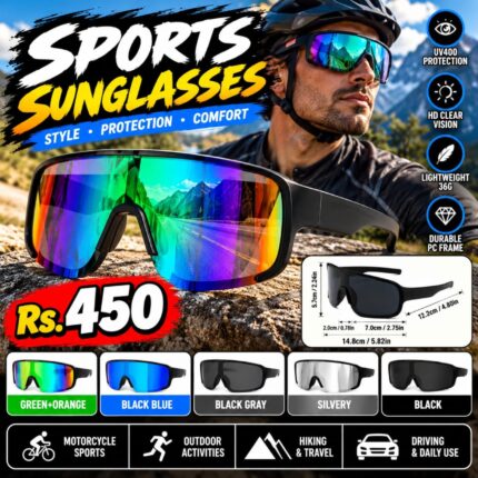 Wide shield sports sunglasses with black frame and rainbow mirrored lens, Rs 450