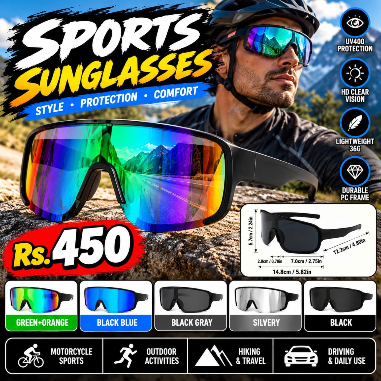 Sports Shield Sunglasses – Mirrored Lens Wide shield sports sunglasses with black frame and rainbow mirrored lens, Rs 450