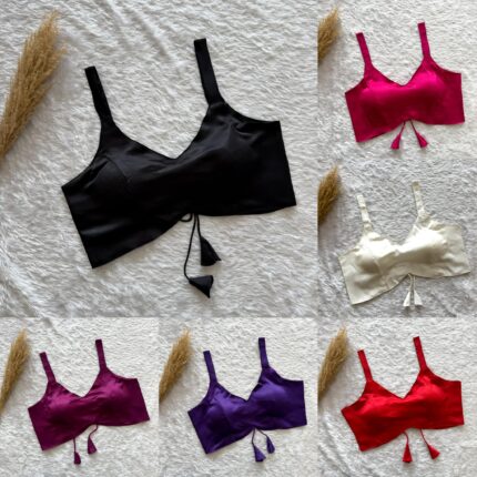 Ready-made blouse shown in black, fuchsia, ivory, plum, purple and red