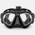 Front detail of black diving mask showing its GoPro-style action camera mounting bracket