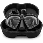 Black twin-lens diving mask with action camera mount in its zippered carry case