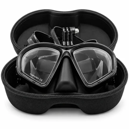 Black twin-lens diving mask with action camera mount in its zippered carry case