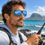 Illustration of an angler wearing blue mirrored polarized sunglasses while shore fishing