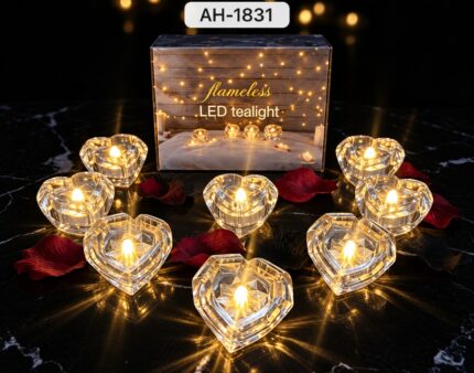 Heart-shaped flameless LED tealights AH-1831 with warm light and clear faceted holders