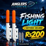 Anglers Centre night fishing rod light poster, Rs200 with 2 batteries included