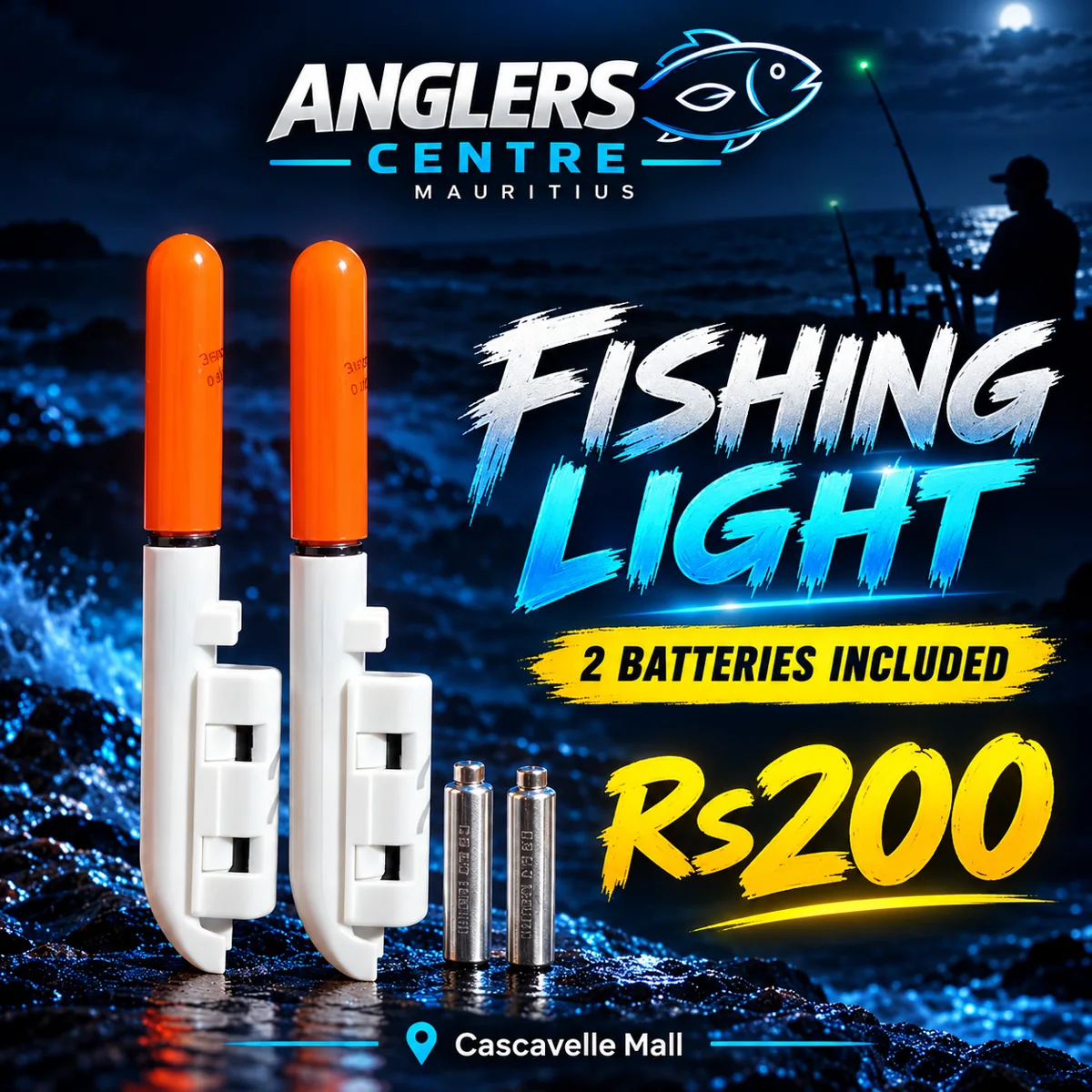 Night Fishing Rod Light – Rs200 with 2 Batteries Anglers Centre night fishing rod light poster, Rs200 with 2 batteries included