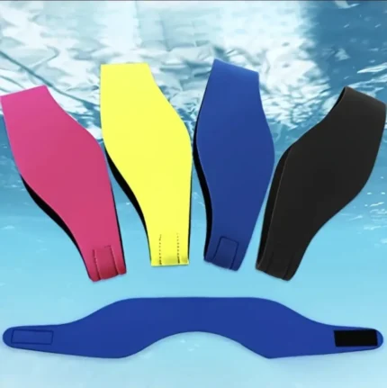 Adjustable swimming headbands in pink, yellow, blue and black with hook-and-loop fastening