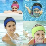 Children and an adult wearing swimming headbands over their ears in a pool