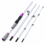 White and purple 1.8 m travel spinning rod disassembled into four sections with grey foam grips