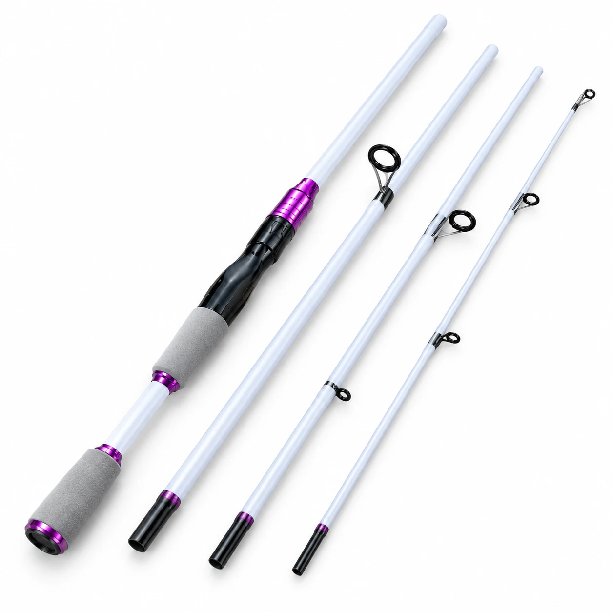 travel-spinning-rod-18m-main White and purple 1.8 m travel spinning rod disassembled into four sections with grey foam grips